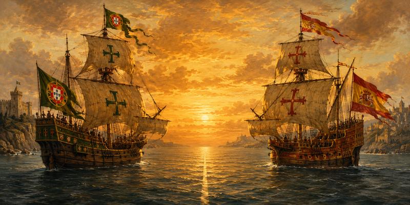 Portuguese and Spanish sailing ships — the Treaty of Tordesillas divided the world between two empires