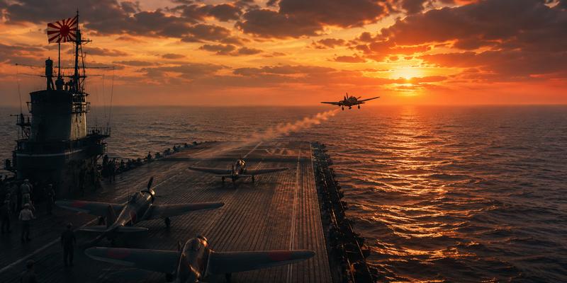 Pacific War — aircraft carriers at dawn in the vast Pacific theater
