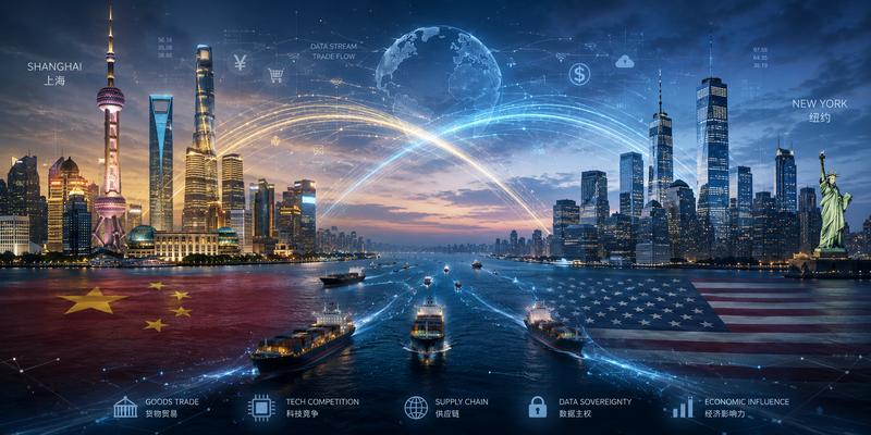 US and China skylines — the defining geopolitical rivalry of the 21st century