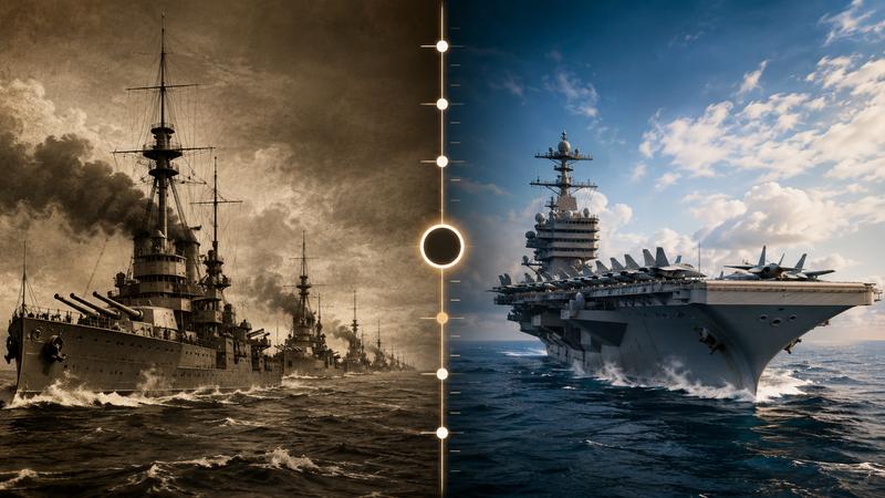 Historical parallel — early 1900s dreadnoughts mirrored by modern aircraft carriers