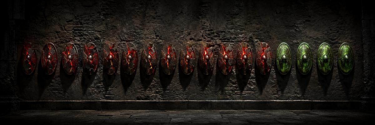 16 shields representing historical power transitions — 12 shattered in war, 4 intact in peace